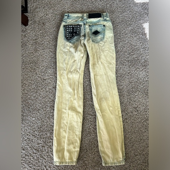 Affliction Raquel Jeans Yellow Blue Women's Size 24 Cotton Stretch Grunge Goth - Picture 7 of 13